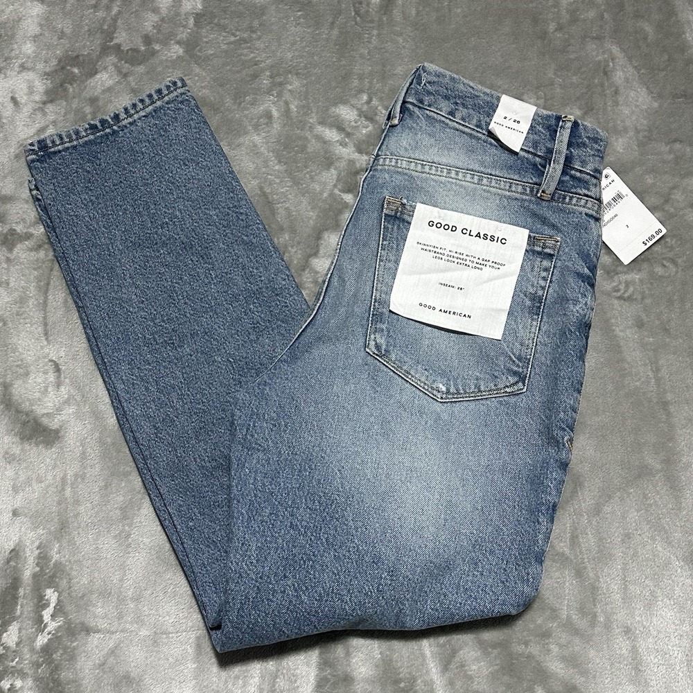 NWT $169 Good American Good Classic Skinnyish Distressed Jeans Womens 2/26 Blue